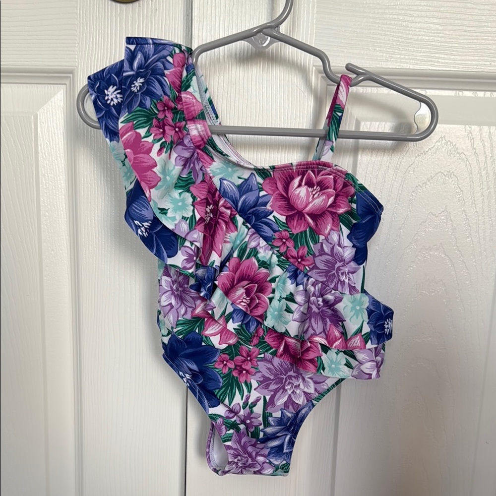 Janie and Jack Purple Floral One-Shoulder Swimsuit